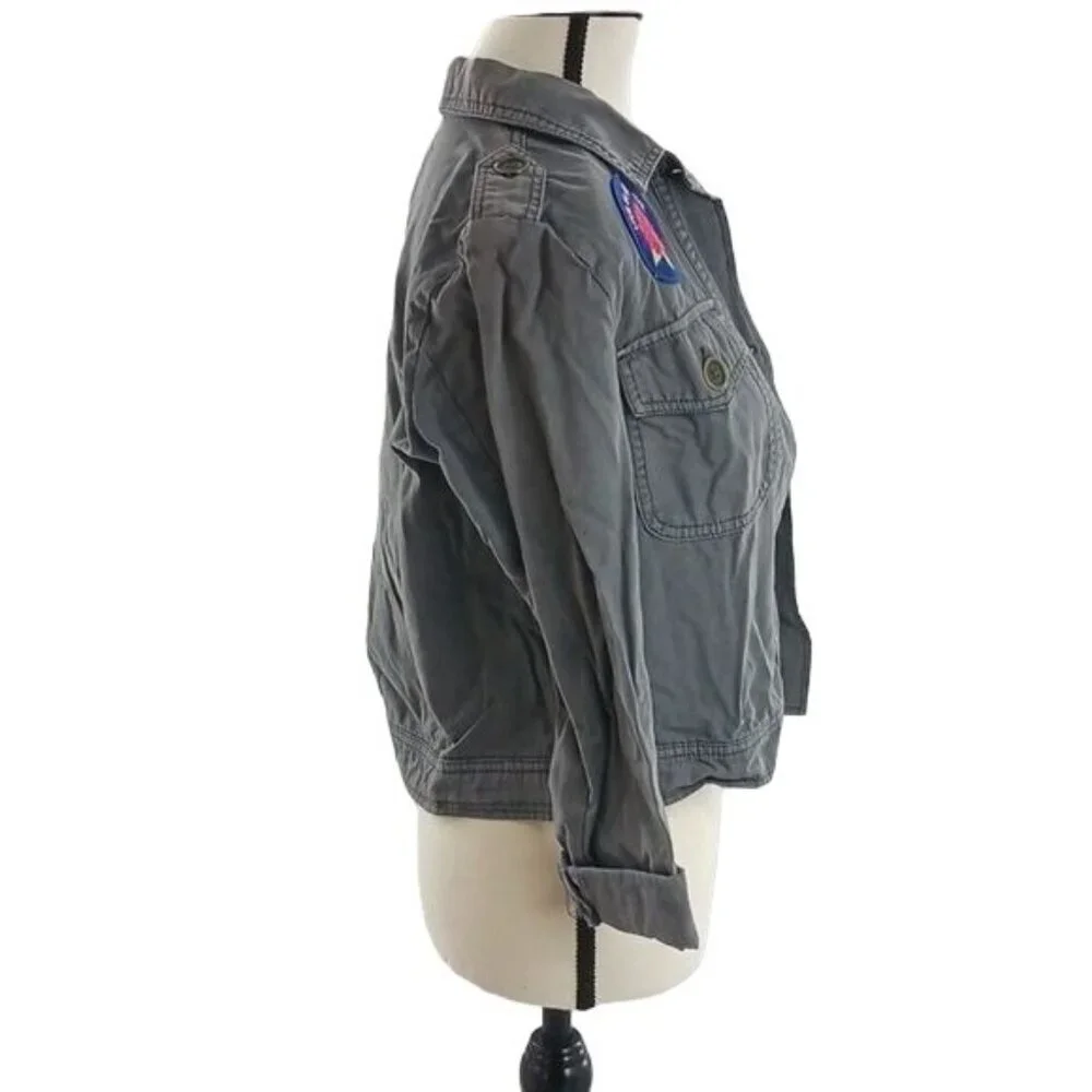 Mossimo Utility Jacket Womens Size S Gray Button Front Embroidered Patchwork - Picture 4 of 7
